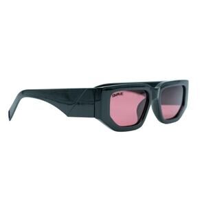 QWAVE Chunky Rectangle Sunglasses Black Frame Rose Pink Tinted Lens Retro